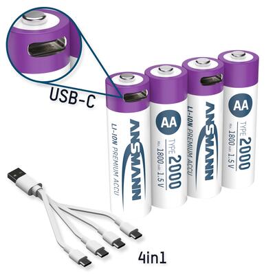Li-Ion Akku Micro AA 2000mAh, 4er Kartonage USB-C